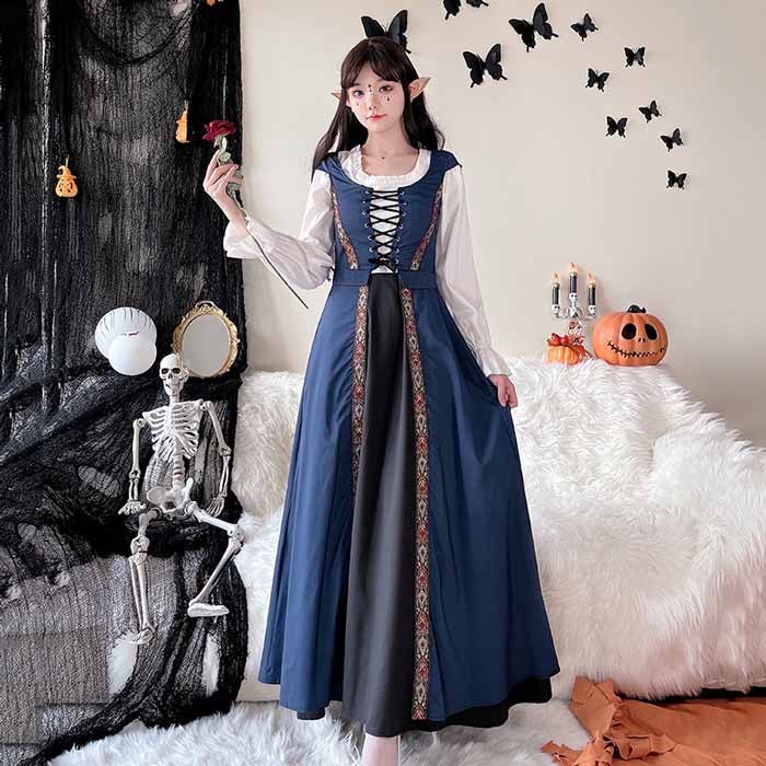 中世ヨーロッパ 貴族 ドレス ロングドレス コスプレ衣装 大人 魔法使い パーティードレス ハロウィン 仮装 上品 ネイビー ワインレッド ゴシック様式 ビクトリア 風 学園祭 文化祭 ダンスパーティー パーティードレス 衣装 クリスマス 文化祭 学園祭 コスプレ・衣装のVings
