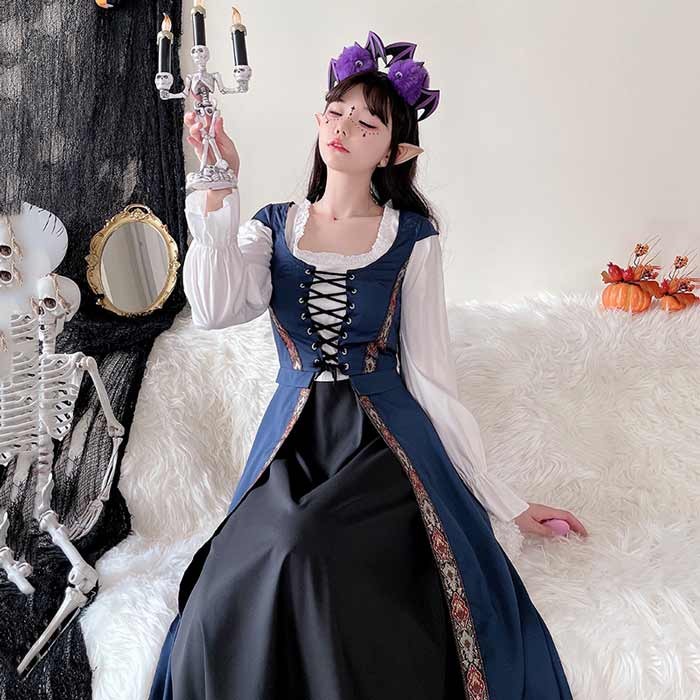 中世ヨーロッパ 貴族 ドレス ロングドレス コスプレ衣装 大人 魔法使い パーティードレス ハロウィン 仮装 上品 ネイビー ワインレッド ゴシック様式 ビクトリア 風 学園祭 文化祭 ダンスパーティー パーティードレス 衣装 クリスマス 文化祭 学園祭 コスプレ・衣装のVings