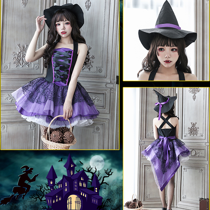 ハロウィン 吸血鬼  ワンピース コスチューム ハロウィン衣装 仮装 かわいい おしゃれ ハロウィンコスプレ グレー パープル コスプレ・衣装のVings
