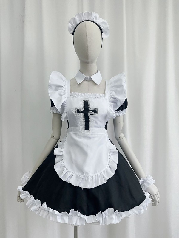 ロリータ ハロウィン メイド服 コスチューム 十字架 レトロ風 クラロリ ショート丈 半袖 パフスリーブ フリル レディース ゴスロリ ロリィタファッション コスプレ 衣装 可愛い 仮装 パーティー イベント 文化祭 学園祭 ブルー ブラック 黒 大きいサイズ S M L XL 2XL 3XL コスプレ・衣装のVings