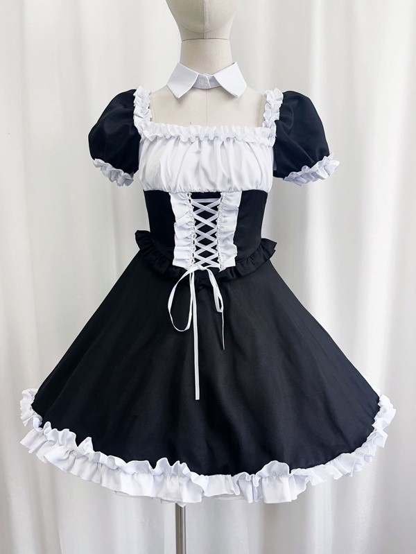 ロリータ ハロウィン メイド服 コスチューム 十字架 レトロ風 クラロリ ショート丈 半袖 パフスリーブ フリル レディース ゴスロリ ロリィタファッション コスプレ 衣装 可愛い 仮装 パーティー イベント 文化祭 学園祭 ブルー ブラック 黒 大きいサイズ S M L XL 2XL 3XL コスプレ・衣装のVings