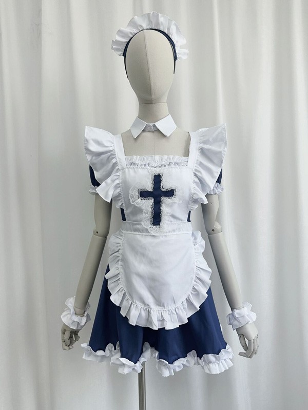 ロリータ ハロウィン メイド服 コスチューム 十字架 レトロ風 クラロリ ショート丈 半袖 パフスリーブ フリル レディース ゴスロリ ロリィタファッション コスプレ 衣装 可愛い 仮装 パーティー イベント 文化祭 学園祭 ブルー ブラック 黒 大きいサイズ S M L XL 2XL 3XL コスプレ・衣装のVings