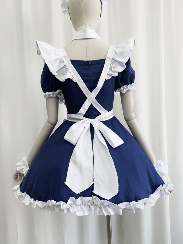 ロリータ ハロウィン メイド服 コスチューム 十字架 レトロ風 クラロリ ショート丈 半袖 パフスリーブ フリル レディース ゴスロリ ロリィタファッション コスプレ 衣装 可愛い 仮装 パーティー イベント 文化祭 学園祭 ブルー ブラック 黒 大きいサイズ S M L XL 2XL 3XL コスプレ・衣装のVings