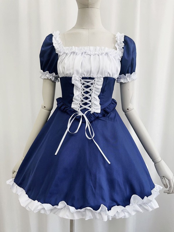 ロリータ ハロウィン メイド服 コスチューム 十字架 レトロ風 クラロリ ショート丈 半袖 パフスリーブ フリル レディース ゴスロリ ロリィタファッション コスプレ 衣装 可愛い 仮装 パーティー イベント 文化祭 学園祭 ブルー ブラック 黒 大きいサイズ S M L XL 2XL 3XL コスプレ・衣装のVings
