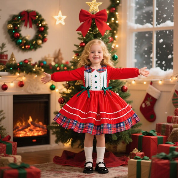 キッズワンピース チェック柄 クリスマス風 ロリータ リボン ワンピース ショート丈 ミニ 長袖 秋冬 コスチューム衣装 子供 パーティードレス カラードレス ワンピース お姫様 女の子 子供 かわいい ステージ 演出 誕生日 イベント 写真用 レッド グリーン 70 80 90 100 110 コスプレ・衣装のVings