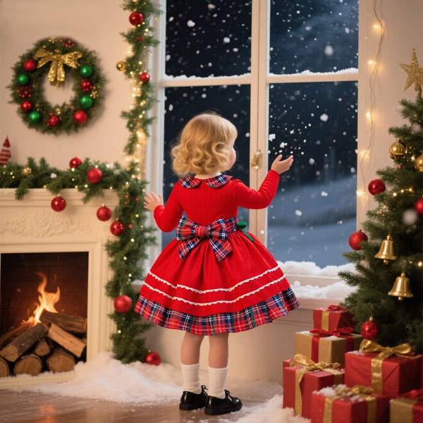 キッズワンピース チェック柄 クリスマス風 ロリータ リボン ワンピース ショート丈 ミニ 長袖 秋冬 コスチューム衣装 子供 パーティードレス カラードレス ワンピース お姫様 女の子 子供 かわいい ステージ 演出 誕生日 イベント 写真用 レッド グリーン 70 80 90 100 110 コスプレ・衣装のVings