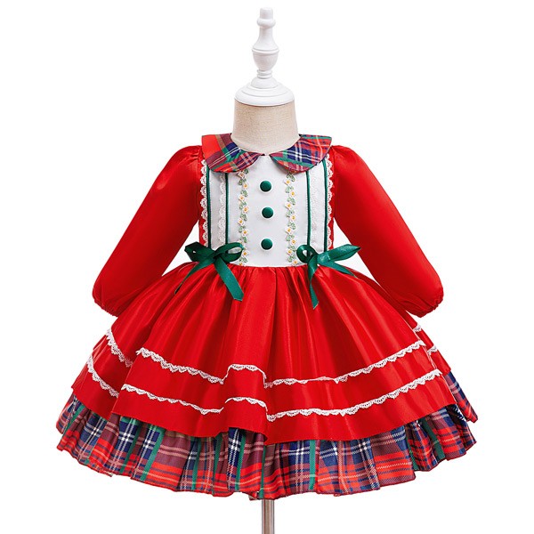 キッズワンピース チェック柄 クリスマス風 ロリータ リボン ワンピース ショート丈 ミニ 長袖 秋冬 コスチューム衣装 子供 パーティードレス カラードレス ワンピース お姫様 女の子 子供 かわいい ステージ 演出 誕生日 イベント 写真用 レッド グリーン 70 80 90 100 110 コスプレ・衣装のVings