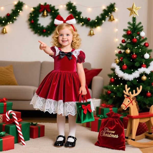 キッズドレス クリスマス風 レース リボン ドレス 膝丈 半袖 パフスリーブ コスチューム衣装 子供ドレス パーティードレス カラードレス ワンピース お姫様 女の子 子供 かわいい ステージ 演出 イベント 写真用 レッド 70 80 90 100 110 コスプレ・衣装のVings