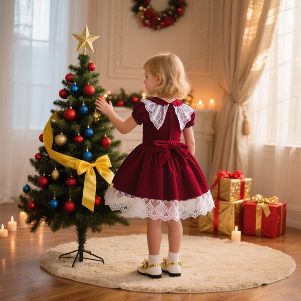 キッズドレス クリスマス風 レース リボン ドレス 膝丈 半袖 パフスリーブ コスチューム衣装 子供ドレス パーティードレス カラードレス ワンピース お姫様 女の子 子供 かわいい ステージ 演出 イベント 写真用 レッド 70 80 90 100 110 コスプレ・衣装のVings