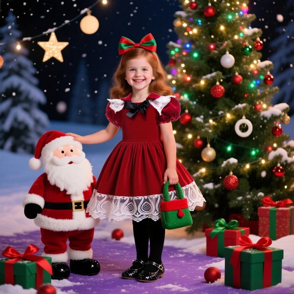 キッズドレス クリスマス風 レース リボン ドレス 膝丈 半袖 パフスリーブ コスチューム衣装 子供ドレス パーティードレス カラードレス ワンピース お姫様 女の子 子供 かわいい ステージ 演出 イベント 写真用 レッド 70 80 90 100 110 コスプレ・衣装のVings