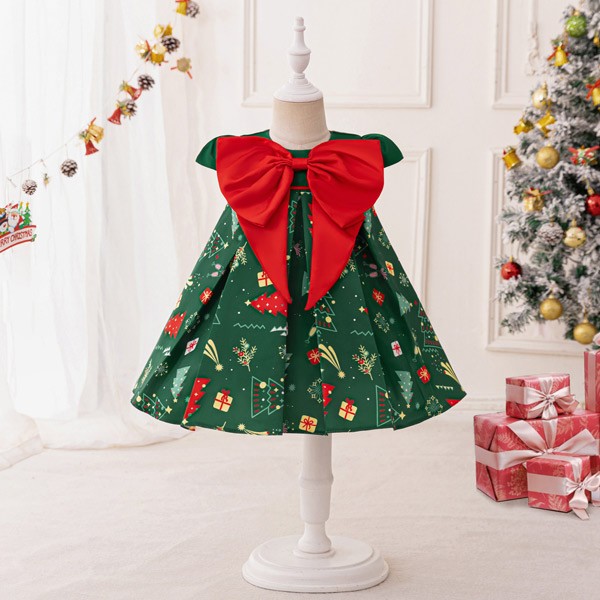 キッズドレス クリスマス風 ビッグリボン ドレス ショート丈 半袖 ミニ コスチューム衣装 子供ドレス パーティードレス カラードレス ワンピース お姫様 女の子 子供 かわいい ステージ 演出 イベント 写真用 レッド グリーン 70 80 90 100 110 コスプレ・衣装のVings