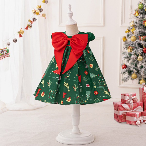 キッズドレス クリスマス風 ビッグリボン ドレス ショート丈 半袖 ミニ コスチューム衣装 子供ドレス パーティードレス カラードレス ワンピース お姫様 女の子 子供 かわいい ステージ 演出 イベント 写真用 レッド グリーン 70 80 90 100 110 コスプレ・衣装のVings