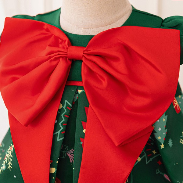 キッズドレス クリスマス風 ビッグリボン ドレス ショート丈 半袖 ミニ コスチューム衣装 子供ドレス パーティードレス カラードレス ワンピース お姫様 女の子 子供 かわいい ステージ 演出 イベント 写真用 レッド グリーン 70 80 90 100 110 コスプレ・衣装のVings