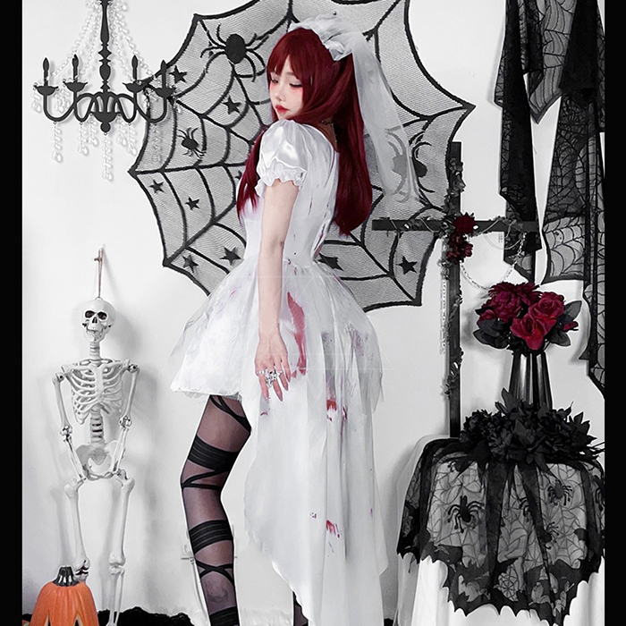 ハロウィン衣装 ゾンビ 仮装 花嫁 グレー レディース ワンピース ベール コスプレ・衣装のVings