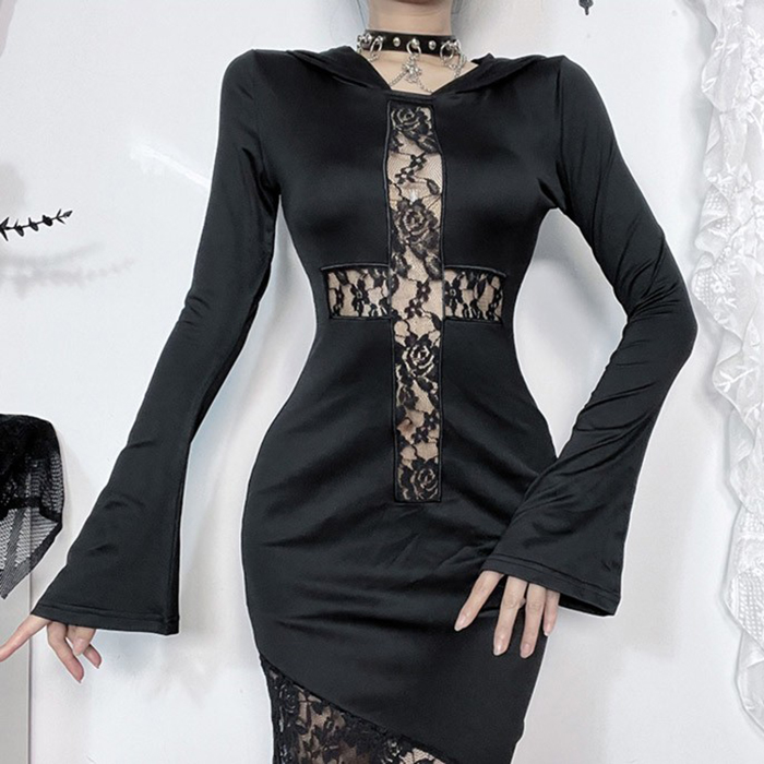 ハロウィン 仮装 ゴシック ワンピース 黒 ロングレース ドレス フード付き コスプレ シスター風 魔女風 モード系 セクシー 大人 レディース S M L ハロウィン衣装 イベント パーティー goth コスプレ・衣装のVings