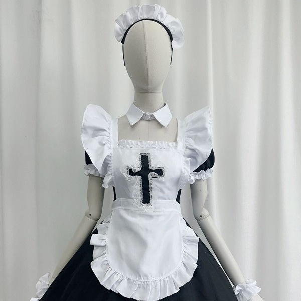 ロリータ ハロウィン メイド服 コスチューム 十字架 レトロ風 クラロリ ショート丈 半袖 パフスリーブ フリル レディース ゴスロリ ロリィタファッション コスプレ 衣装 可愛い 仮装 パーティー イベント 文化祭 学園祭 ブルー ブラック 黒 大きいサイズ S M L XL 2XL 3XL コスプレ・衣装のVings