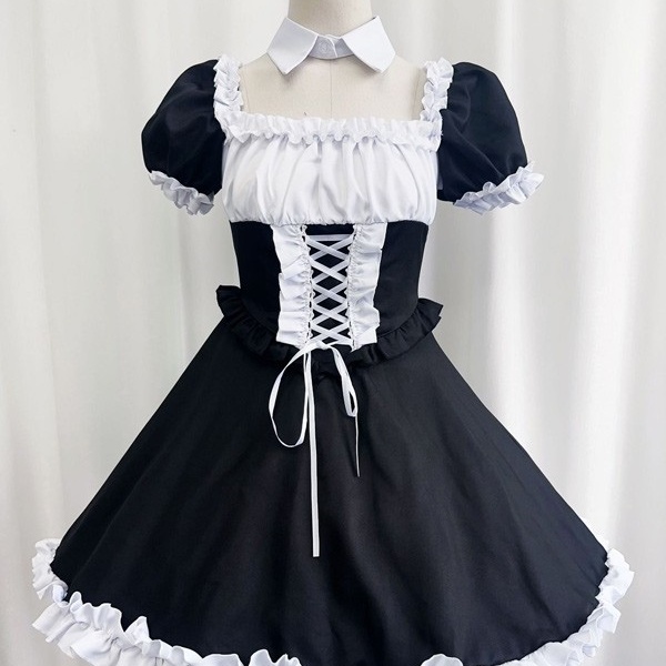 ロリータ ハロウィン メイド服 コスチューム 十字架 レトロ風 クラロリ ショート丈 半袖 パフスリーブ フリル レディース ゴスロリ ロリィタファッション コスプレ 衣装 可愛い 仮装 パーティー イベント 文化祭 学園祭 ブルー ブラック 黒 大きいサイズ S M L XL 2XL 3XL コスプレ・衣装のVings