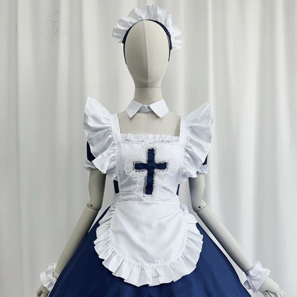 ロリータ ハロウィン メイド服 コスチューム 十字架 レトロ風 クラロリ ショート丈 半袖 パフスリーブ フリル レディース ゴスロリ ロリィタファッション コスプレ 衣装 可愛い 仮装 パーティー イベント 文化祭 学園祭 ブルー ブラック 黒 大きいサイズ S M L XL 2XL 3XL コスプレ・衣装のVings