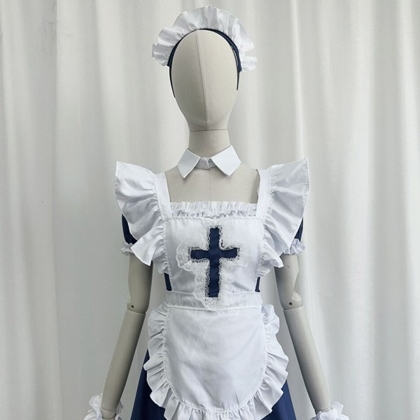 ロリータ ハロウィン メイド服 コスチューム 十字架 レトロ風 クラロリ ショート丈 半袖 パフスリーブ フリル レディース ゴスロリ ロリィタファッション コスプレ 衣装 可愛い 仮装 パーティー イベント 文化祭 学園祭 ブルー ブラック 黒 大きいサイズ S M L XL 2XL 3XL コスプレ・衣装のVings