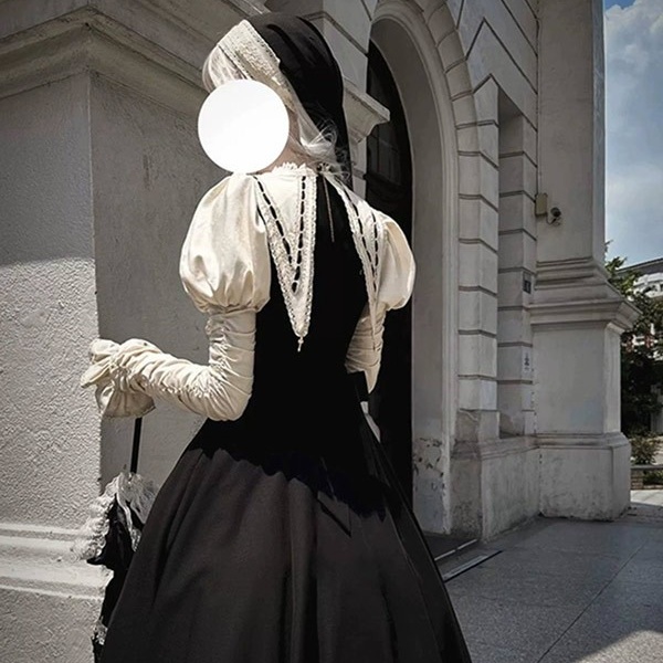 ワンピース ロリータ ハロウィン シスター ミモレ丈 レディース ゴスロリ ハイウエスト Aライン 暗黒風 クラロリ ロリィタファッション 長袖 フリル ロリータワンピース コスチューム コスプレ 衣装 洋服 可愛い 仮装 パーティ イベント ステージ 文化祭 学園祭 ブラック 黒 ベージュ S M L XL コスプレ・衣装のVings