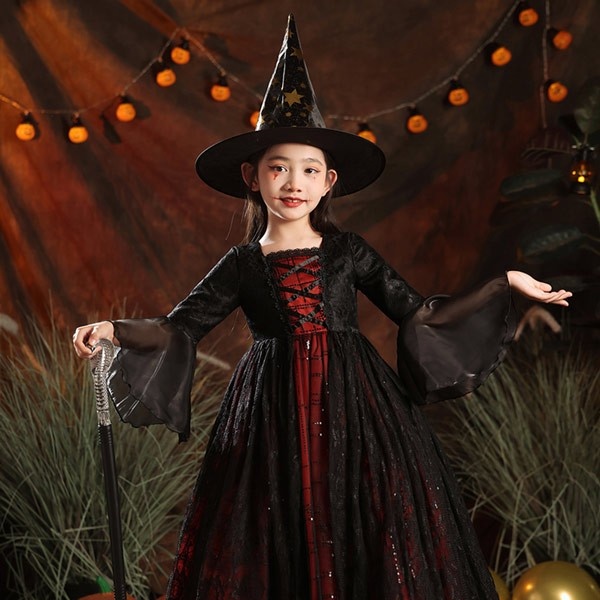 キッズドレス ウイッチ ハロウィン 魔女風 吸血鬼 ドレス ロングドレス 長袖 ロング丈 コスチューム 衣装 ピアノ 発表会 子供ドレス パーティー カラードレス ワンピース エレガント 女の子 子供 フォーマル かわいい ブラック レッド パープル 100 110 120 130 140 150 160 コスプレ・衣装のVings