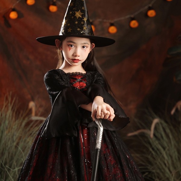 キッズドレス ウイッチ ハロウィン 魔女風 吸血鬼 ドレス ロングドレス 長袖 ロング丈 コスチューム 衣装 ピアノ 発表会 子供ドレス パーティー カラードレス ワンピース エレガント 女の子 子供 フォーマル かわいい ブラック レッド パープル 100 110 120 130 140 150 160 コスプレ・衣装のVings