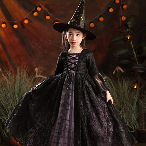 キッズドレス ウイッチ ハロウィン 魔女風 吸血鬼 ドレス ロングドレス 長袖 ロング丈 コスチューム 衣装 ピアノ 発表会 子供ドレス パーティー カラードレス ワンピース エレガント 女の子 子供 フォーマル かわいい ブラック レッド パープル 100 110 120 130 140 150 160 コスプレ・衣装のVings