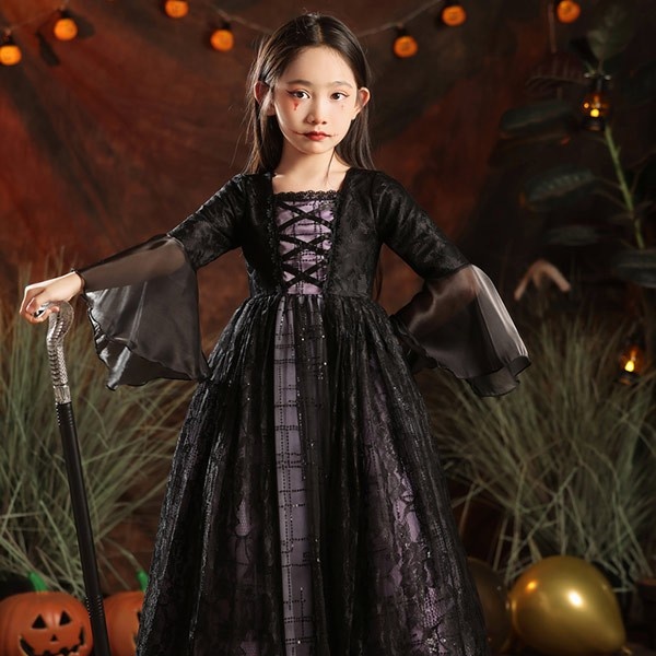 キッズドレス ウイッチ ハロウィン 魔女風 吸血鬼 ドレス ロングドレス 長袖 ロング丈 コスチューム 衣装 ピアノ 発表会 子供ドレス パーティー カラードレス ワンピース エレガント 女の子 子供 フォーマル かわいい ブラック レッド パープル 100 110 120 130 140 150 160 コスプレ・衣装のVings