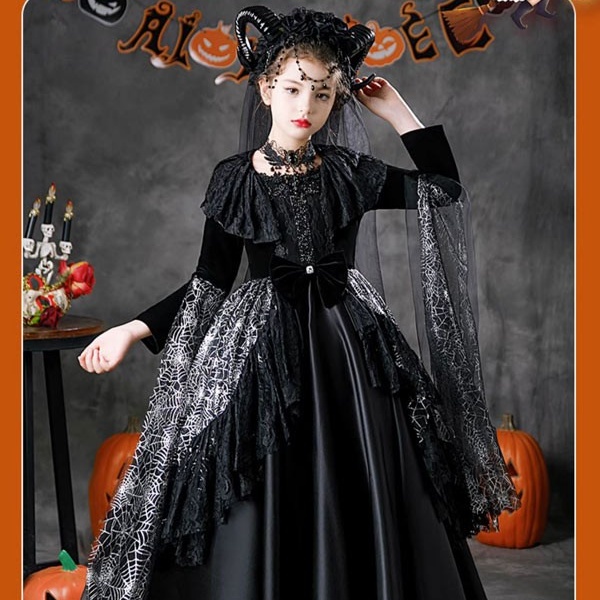 キッズドレス スパイダークイーン ハロウィン ドレス ロングドレス 袖あり 長袖 ロング丈 コスプレ コスチューム衣装 子供ドレス パーティー カラードレス ワンピース 上品 エレガント 女の子 ゴージャス かわいい 演出 イベント ブラック 黒 100 110 120 130 140 150 160 コスプレ・衣装のVings