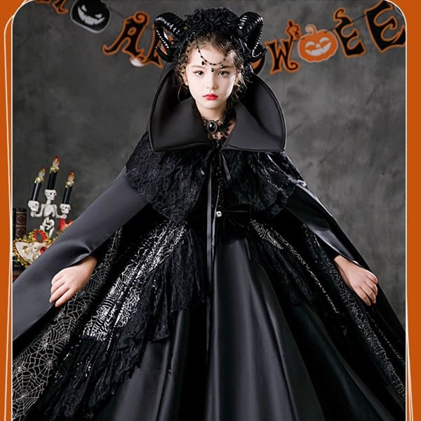 キッズドレス スパイダークイーン ハロウィン ドレス ロングドレス 袖あり 長袖 ロング丈 コスプレ コスチューム衣装 子供ドレス パーティー カラードレス ワンピース 上品 エレガント 女の子 ゴージャス かわいい 演出 イベント ブラック 黒 100 110 120 130 140 150 160 コスプレ・衣装のVings