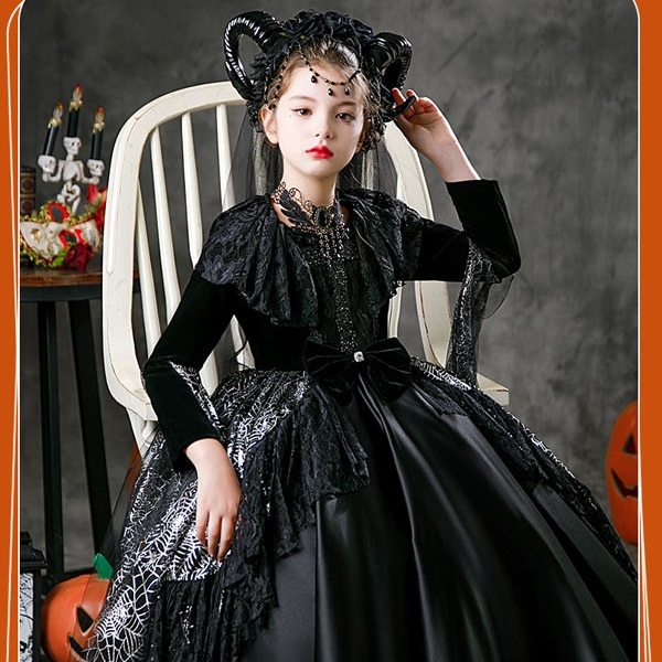 キッズドレス スパイダークイーン ハロウィン ドレス ロングドレス 袖あり 長袖 ロング丈 コスプレ コスチューム衣装 子供ドレス パーティー カラードレス ワンピース 上品 エレガント 女の子 ゴージャス かわいい 演出 イベント ブラック 黒 100 110 120 130 140 150 160 コスプレ・衣装のVings
