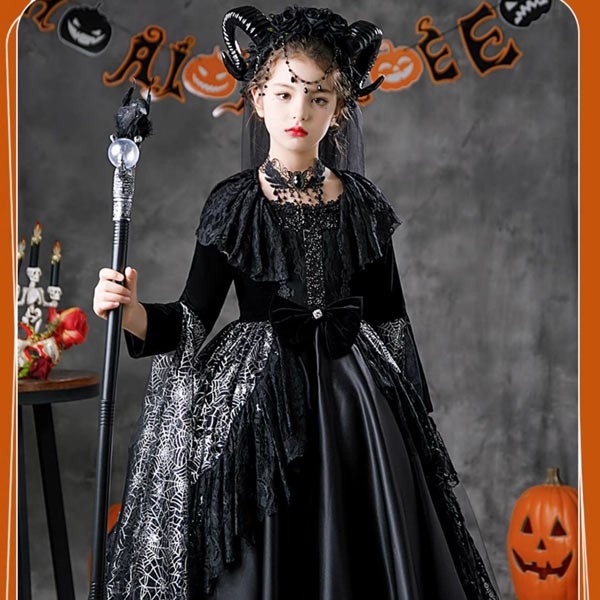 キッズドレス スパイダークイーン ハロウィン ドレス ロングドレス 袖あり 長袖 ロング丈 コスプレ コスチューム衣装 子供ドレス パーティー カラードレス ワンピース 上品 エレガント 女の子 ゴージャス かわいい 演出 イベント ブラック 黒 100 110 120 130 140 150 160 コスプレ・衣装のVings