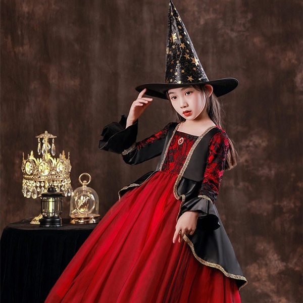 キッズドレス 吸血鬼 ハロウィン ヴァンパイア 魔女 ウイッチ ドレス ロングドレス 袖あり 長袖 ロング丈 コスプレ コスチューム衣装 子供ドレス パーティー カラードレス ワンピース 上品 エレガント 女の子 子供 かわいい イベント レッド 100 110 120 130 140 150 160 コスプレ・衣装のVings
