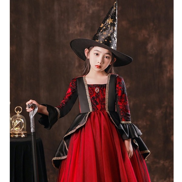 キッズドレス 吸血鬼 ハロウィン ヴァンパイア 魔女 ウイッチ ドレス ロングドレス 袖あり 長袖 ロング丈 コスプレ コスチューム衣装 子供ドレス パーティー カラードレス ワンピース 上品 エレガント 女の子 子供 かわいい イベント レッド 100 110 120 130 140 150 160 コスプレ・衣装のVings
