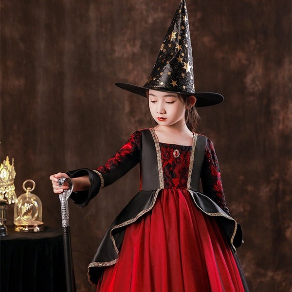 キッズドレス 吸血鬼 ハロウィン ヴァンパイア 魔女 ウイッチ ドレス ロングドレス 袖あり 長袖 ロング丈 コスプレ コスチューム衣装 子供ドレス パーティー カラードレス ワンピース 上品 エレガント 女の子 子供 かわいい イベント レッド 100 110 120 130 140 150 160 コスプレ・衣装のVings