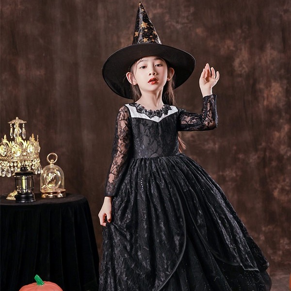 キッズドレス ハロウィン 魔女風 ウイッチ ドレス ロングドレス 袖あり 長袖 ロング丈 コスプレ コスチューム衣装 子供ドレス パーティードレス カラードレス ワンピース 上品 エレガント 女の子 子供 かわいい 演出 イベント 写真用 ブラック 黒 110 120 130 140 150 160 コスプレ・衣装のVings
