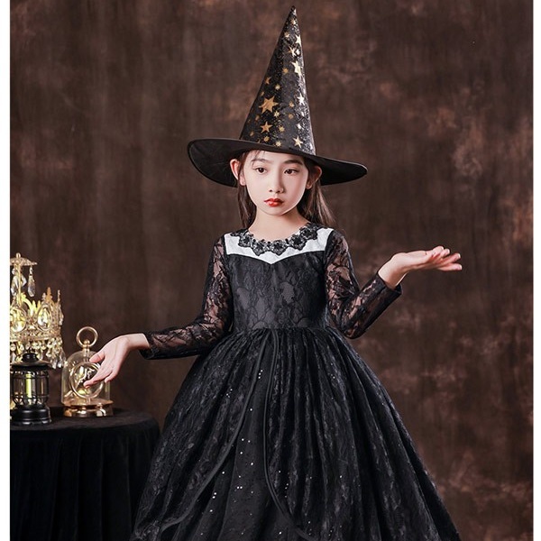 キッズドレス ハロウィン 魔女風 ウイッチ ドレス ロングドレス 袖あり 長袖 ロング丈 コスプレ コスチューム衣装 子供ドレス パーティードレス カラードレス ワンピース 上品 エレガント 女の子 子供 かわいい 演出 イベント 写真用 ブラック 黒 110 120 130 140 150 160 コスプレ・衣装のVings