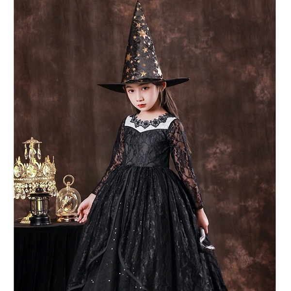 キッズドレス ハロウィン 魔女風 ウイッチ ドレス ロングドレス 袖あり 長袖 ロング丈 コスプレ コスチューム衣装 子供ドレス パーティードレス カラードレス ワンピース 上品 エレガント 女の子 子供 かわいい 演出 イベント 写真用 ブラック 黒 110 120 130 140 150 160 コスプレ・衣装のVings