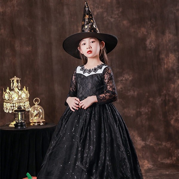 キッズドレス ハロウィン 魔女風 ウイッチ ドレス ロングドレス 袖あり 長袖 ロング丈 コスプレ コスチューム衣装 子供ドレス パーティードレス カラードレス ワンピース 上品 エレガント 女の子 子供 かわいい 演出 イベント 写真用 ブラック 黒 110 120 130 140 150 160 コスプレ・衣装のVings