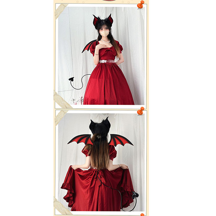2点セット カチューシャ 翼 ハロウィン 仮装 悪魔 ヴィラン デビル レッド パープル ブラック コスプレ用 しっぽ 尾 ヘアアクセサリー 耳飾り かわいい セクシー 可愛いコスプレ 小物 撮影 グッズ レディース 大人 女性 ハロウィン コスチューム コスプレ・衣装のVings