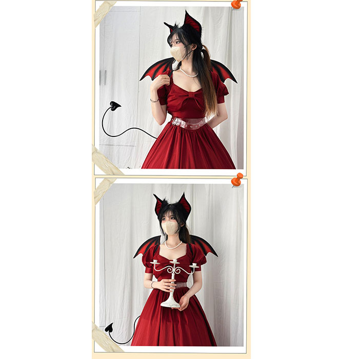 2点セット カチューシャ 翼 ハロウィン 仮装 悪魔 ヴィラン デビル レッド パープル ブラック コスプレ用 しっぽ 尾 ヘアアクセサリー 耳飾り かわいい セクシー 可愛いコスプレ 小物 撮影 グッズ レディース 大人 女性 ハロウィン コスチューム コスプレ・衣装のVings