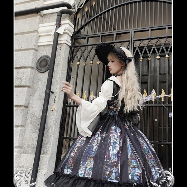 ワンピース ロリータ ハロウィン ステンドグラス風 ミモレ丈 ジャンパースカート オフショルダー レディース 長袖 クラロリ ゴスロリ ゴシック 暗黒風 ロリィタファッション ロリータワンピース コスチューム コスプレ 衣装 可愛い 仮装 イベント 文化祭 ブラック 黒 S M L コスプレ・衣装のVings