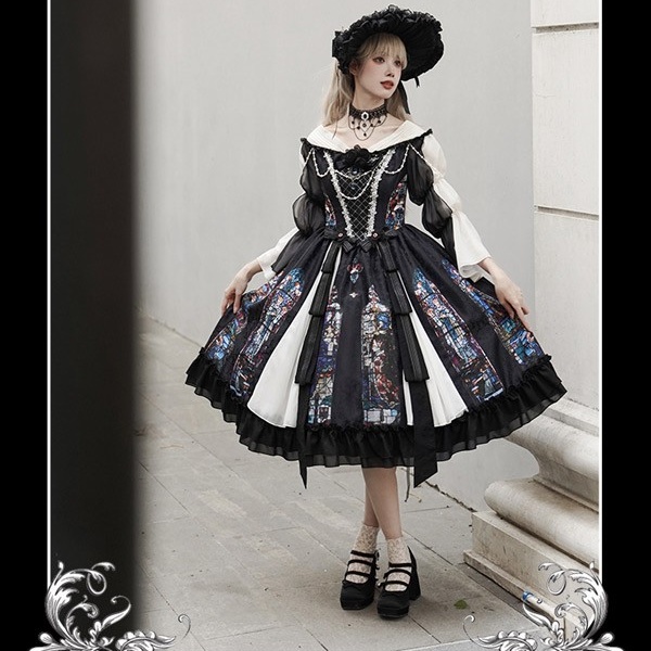 ワンピース ロリータ ハロウィン ステンドグラス風 ミモレ丈 ジャンパースカート オフショルダー レディース 長袖 クラロリ ゴスロリ ゴシック 暗黒風 ロリィタファッション ロリータワンピース コスチューム コスプレ 衣装 可愛い 仮装 イベント 文化祭 ブラック 黒 S M L コスプレ・衣装のVings