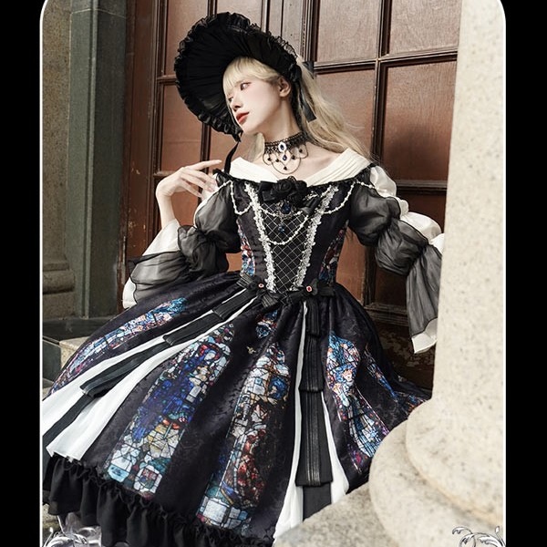 ワンピース ロリータ ハロウィン ステンドグラス風 ミモレ丈 ジャンパースカート オフショルダー レディース 長袖 クラロリ ゴスロリ ゴシック 暗黒風 ロリィタファッション ロリータワンピース コスチューム コスプレ 衣装 可愛い 仮装 イベント 文化祭 ブラック 黒 S M L コスプレ・衣装のVings