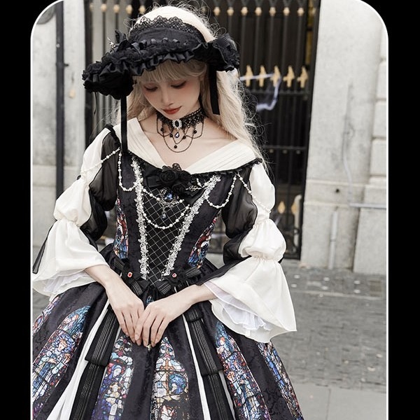 ワンピース ロリータ ハロウィン ステンドグラス風 ミモレ丈 ジャンパースカート オフショルダー レディース 長袖 クラロリ ゴスロリ ゴシック 暗黒風 ロリィタファッション ロリータワンピース コスチューム コスプレ 衣装 可愛い 仮装 イベント 文化祭 ブラック 黒 S M L コスプレ・衣装のVings