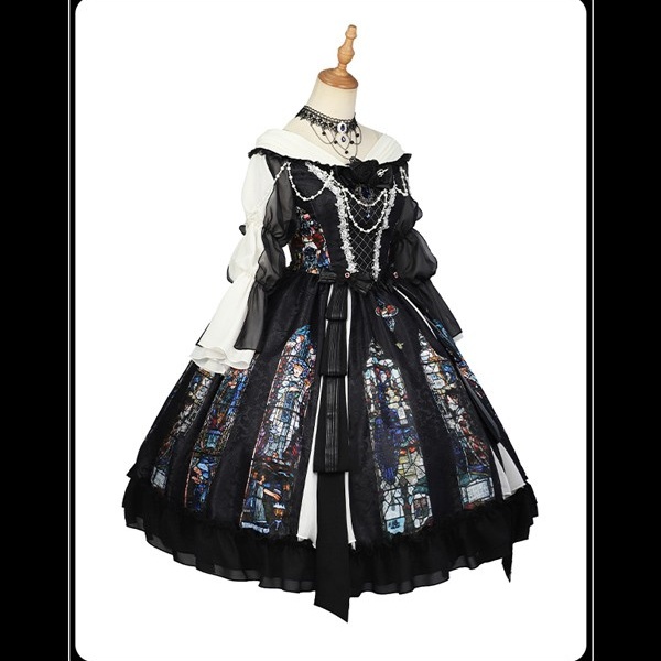 ワンピース ロリータ ハロウィン ステンドグラス風 ミモレ丈 ジャンパースカート オフショルダー レディース 長袖 クラロリ ゴスロリ ゴシック 暗黒風 ロリィタファッション ロリータワンピース コスチューム コスプレ 衣装 可愛い 仮装 イベント 文化祭 ブラック 黒 S M L コスプレ・衣装のVings