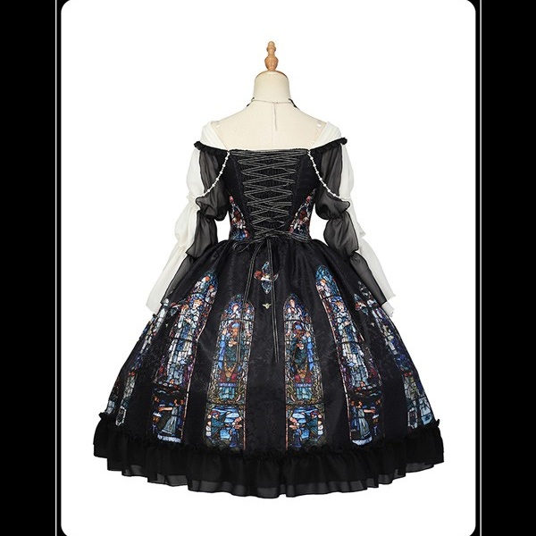 ワンピース ロリータ ハロウィン ステンドグラス風 ミモレ丈 ジャンパースカート オフショルダー レディース 長袖 クラロリ ゴスロリ ゴシック 暗黒風 ロリィタファッション ロリータワンピース コスチューム コスプレ 衣装 可愛い 仮装 イベント 文化祭 ブラック 黒 S M L コスプレ・衣装のVings