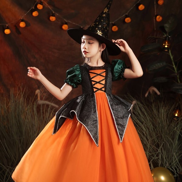 キッズドレス ハロウィン 魔女風 ウイッチ ドレス ロングドレス 袖あり 長袖 ロング丈 コスプレ コスチューム衣装 子供ドレス パーティードレス カラードレス ワンピース 上品 エレガント 女の子 子供 かわいい 演出 イベント 写真用 オレンジ 100 110 120 130 140 150 160 コスプレ・衣装のVings