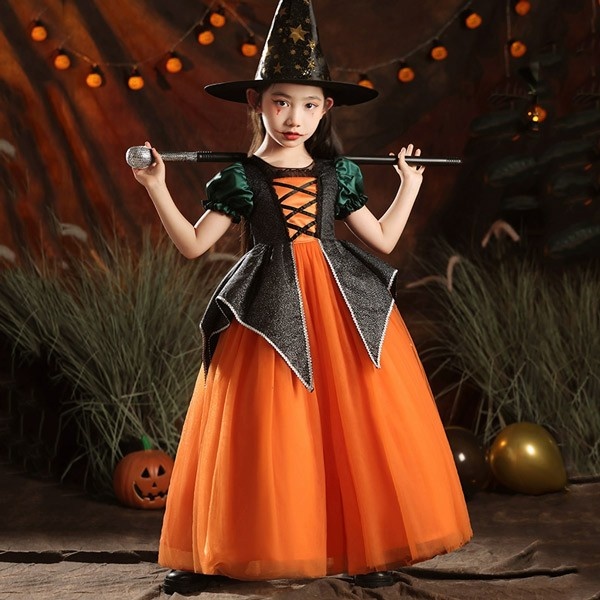 キッズドレス ハロウィン 魔女風 ウイッチ ドレス ロングドレス 袖あり 長袖 ロング丈 コスプレ コスチューム衣装 子供ドレス パーティードレス カラードレス ワンピース 上品 エレガント 女の子 子供 かわいい 演出 イベント 写真用 オレンジ 100 110 120 130 140 150 160 コスプレ・衣装のVings