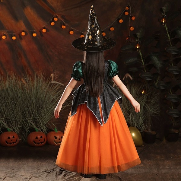 キッズドレス ハロウィン 魔女風 ウイッチ ドレス ロングドレス 袖あり 長袖 ロング丈 コスプレ コスチューム衣装 子供ドレス パーティードレス カラードレス ワンピース 上品 エレガント 女の子 子供 かわいい 演出 イベント 写真用 オレンジ 100 110 120 130 140 150 160 コスプレ・衣装のVings